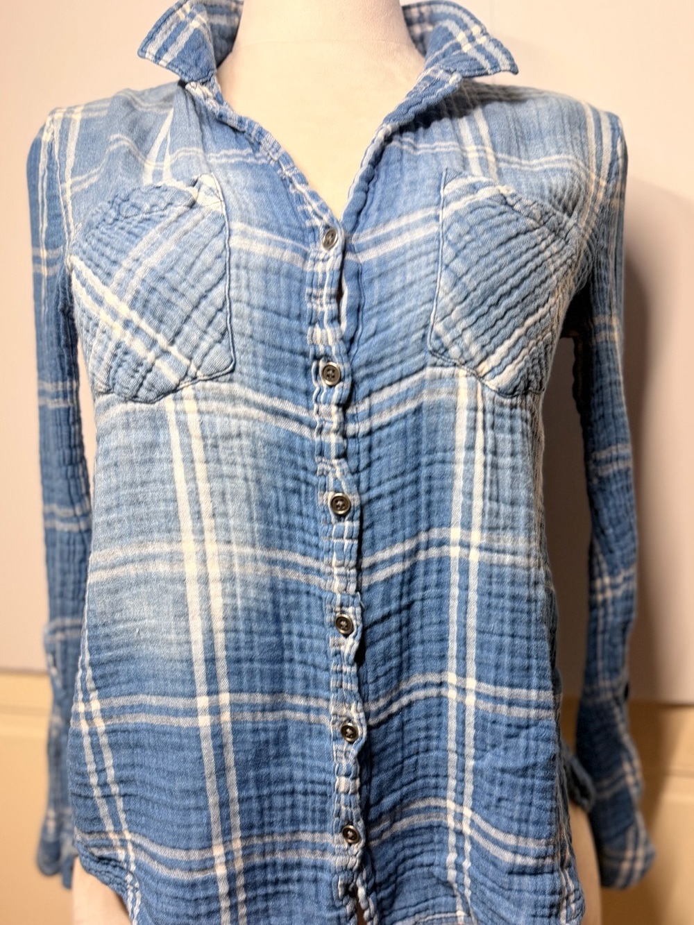 Blue Rain L Blue Plaid Cotton Gauze Open Split Back Button Down Shirt Western